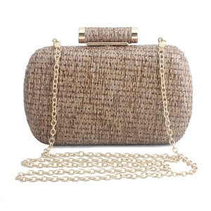 Elegant rectangular straw woven clutch bag with gold chain strap for evening events