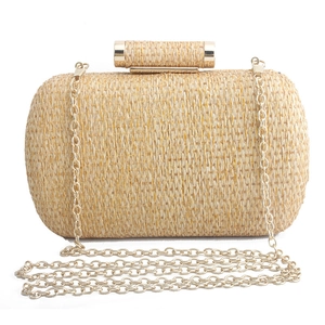Handmade Straw Woven Evening Clutch Bag With Gold Metal Buckle And Chain Strap Summer Vacation Handbag For Women