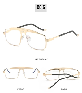 Detailed views of gold square metal frame glasses with transparent lenses and black tips
