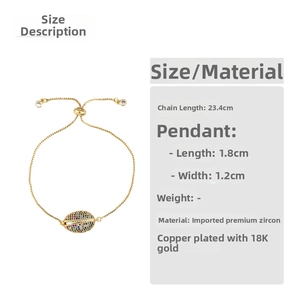 Detail of 18K gold plated shell charm bracelet with colorful zircon and size specs