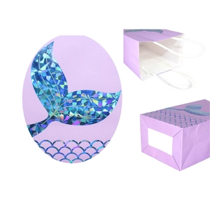 Detail view of purple mermaid gift bag featuring holographic scales and base structure