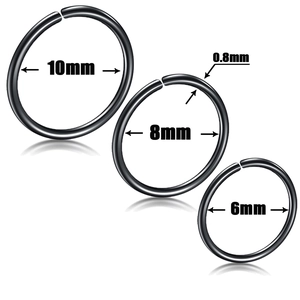 Three black stainless steel nose rings in sizes 10mm, 8mm, 6mm with 0.8mm gauge thickness