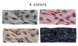 Detail view of 4 color options for bohemian twisted headbands with palm leaf patterns