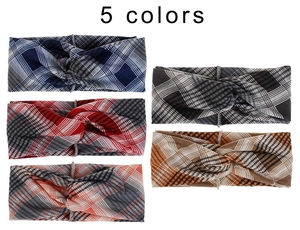 Detail shot of five colors plaid twisted headbands featuring vintage British style patterns