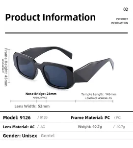 Detailed dimensions of rectangular PC frame sunglasses with lens and temple measurements