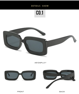 Three-angle view of glossy black rectangle sunglasses with sturdy grey lenses and frames