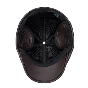 Casquette plate en cuir marron pour hommes avec cache-oreilles et doublure polaire