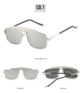 Detailed views of double-bridge aviator sunglasses with silver metal frames and mirrored lenses