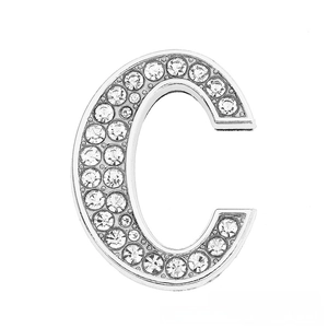 Close-up of sparkling silver letter C charm with embedded clear crystals for DIY bracelets