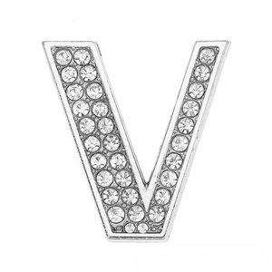 Detailed view of rhinestone-studded silver letter V charm for DIY bracelet jewelry