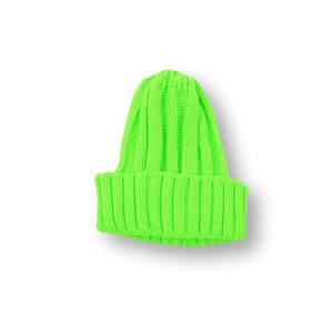Close-up of thick knit texture and wide folded cuff on neon green winter beanie