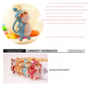 Close-up of crystal monkey keychain with dimensions 5.1x3.1cm and zinc alloy plating
