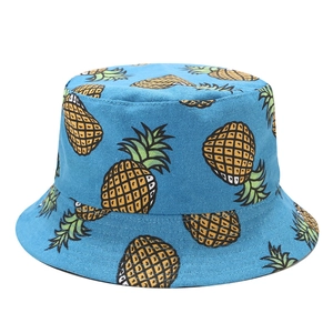 Détails de l'imprimé ananas sur le tissu en sergé de coton bleu ciel du chapeau