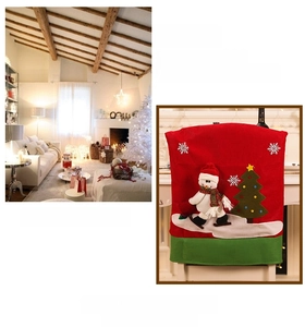 Detail showing red Christmas chair cover with 3D snowman and tree holiday patterns