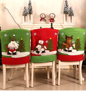 Detailed view of Christmas chair covers with Santa, snowman and reindeer applique patterns