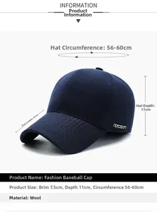 Detailed size chart for wool men's winter cap showing brim, depth, and circumference
