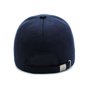 Men's wool blend baseball cap in navy blue featuring adjustable metal back buckle strap