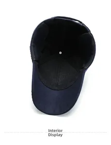 Detailed interior view of navy baseball cap showing 6-panel structure and sweatband