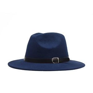 Classic dark blue wool fedora hat with black faux leather belt buckle and wide flat brim