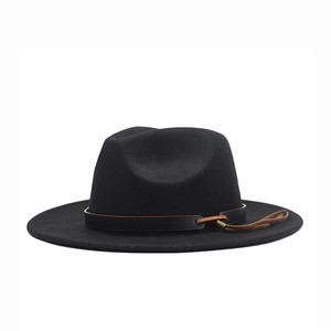 Classic black wool fedora hat featuring a wide brim and brown leather tassel band