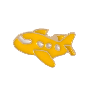 Detailed view of a yellow enamel cartoon airplane brooch with golden metallic edges