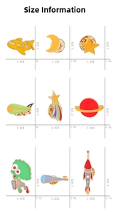 Size chart for space theme enamel pins including rockets, aliens, and stars dimensions