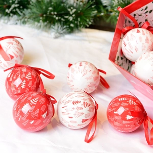 Christmas tree ornaments set with red and white painted foam balls on festive background