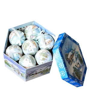7-piece Christmas ball set with winter snow scene illustrations in hexagonal gift box