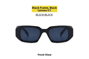Front view of rectangular thick black frame sunglasses with dark grey tinted lenses