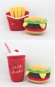Detail of plush squeaky burger fries and milkshake fast food pet toys with embroidery