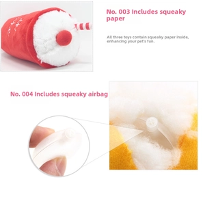 Detail showing the internal squeaker and crinkle paper within the plush dog toy