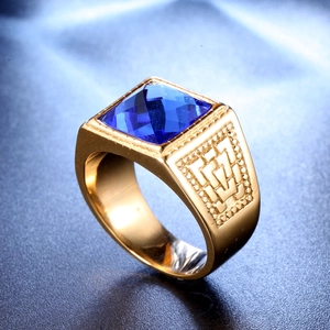 Men's gold-plated stainless steel ring featuring a square blue sapphire-like gemstone