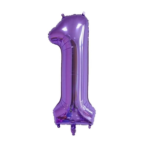 Detail of a large purple foil balloon in the shape of number one for birthday parties