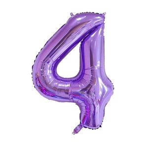 Macro shot of 40-inch purple foil number 4 balloon with metallic glossy finish