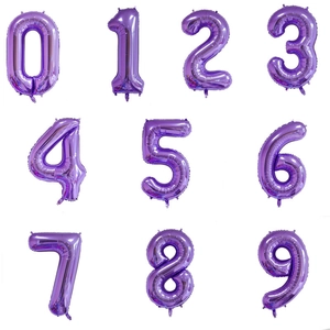 Detailed grid view of purple number balloons from 0 to 9 made of metallic foil material