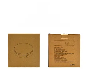 Detail view of brown craft paper packaging showing specifications and line art for display stand