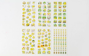 Close-up of 6 sheets of Japanese style lemon cartoon stickers with yellow and green motifs