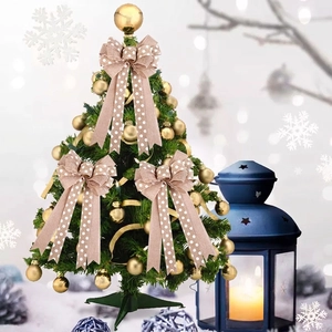 Linen texture Christmas bows with white polka dots for festive tree decorations