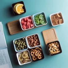 Ceramic snack bowl set with bamboo tray in black, white, and light blue finishes