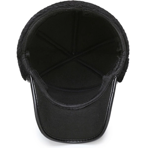 Thick black leather winter baseball cap with plush faux fur lining for warm outdoor wear