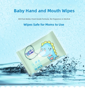 Detail of 10pcs baby wet wipes pack with pure water formula and cartoon dinosaur design