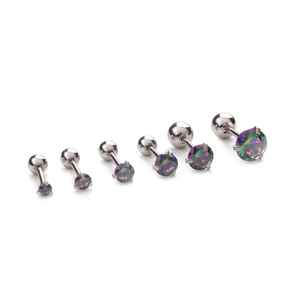 Three-prong zircon stud earrings in various sizes with stainless steel screw backs