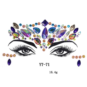 Face gem stickers set YT-71 featuring purple teardrop crystals and gold sequins for party