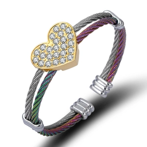Women's titanium steel wire cable bangle with gold heart rhinestone charm at 45-degree angle