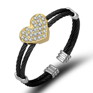 Titanium steel triple-row cable heart bracelet in black and gold two-tone finish