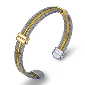 Three-strand twisted steel cable bracelet for men with gold and silver accents