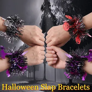 Halloween slap bracelets featuring pumpkins, bats and colorful tinsel decorations