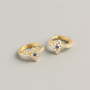 Golden S925 sterling silver evil eye hoop earrings with sparkling white zircons