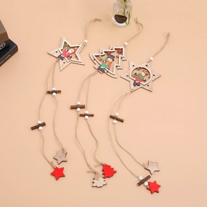 Christmas Hanging Ornaments Wooden Hollow Star Tree Painted Santa Snowman Reindeer Holiday Home Decor With Hemp Rope Wood Beads