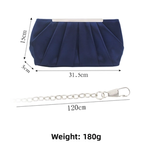 Detailed size view of the pleated satin evening clutch bag with 120cm chain strap